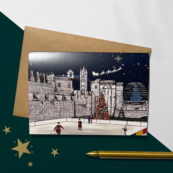 Skating at the Tower of London Christmas Card- London Scene Holiday Card
