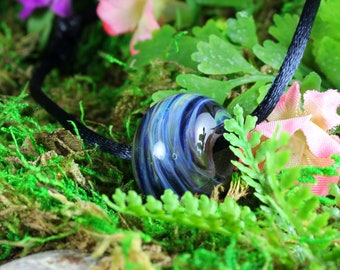 Handmade Large Lampwork Bead Pendant // Borosilicate/Boro Glass // Blue Stripes and Swirl // Center Piece // Z179