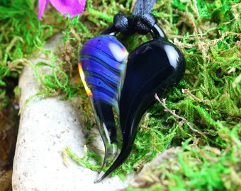 Lampwork Heart Pendant // Heart Necklace // Boro Pendant // Boro/Brosilicate Glass // Striped, Purple, Blue, Black // Z1171