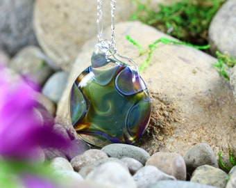 Iridescent Light Lampwork Pendant // Boro/Borosilicate Glass Necklace // Rainbow, Light-Catcher, Purples, Blues, Sterling Silver // Z1101