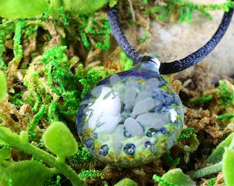 Flower Implosion Lampwork Pendant Necklace // Brosilicate/Boro Glass // Dark Blue, Gray, Yellow Speckled Glitter // Z1132