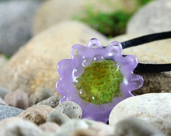 Hand Blown Flower Lampwork Pendant Necklace // Boro/Borosilicate Glass // Lavender, Happy Yellow, Dots // Z312