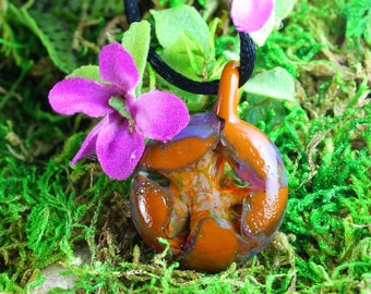 Lampwork Round Glass Jewelry // Borosilicate Glass // Boro Pendant // Glass Necklace // Round with Orange Cellular Design // Z173