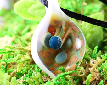 Mushroom Lampwork Pendant // Handmade Glass // Boro/Borosilicate Glass // 4 Blue Mushrooms Growing From the Earth, White // Z1120