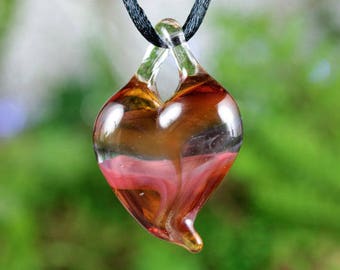 Lampwork Heart Pendant Necklace // Brosilicate/Boro Glass // Transparent// Striped Amber, Purple, Lavender, Pink // Z112