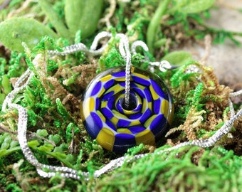 Handmade Lampwork Focal Bead Pendant // Borosilicate /Boro Glass // Blue and Yellow Checkered // Sterling Silver Chain // Z162