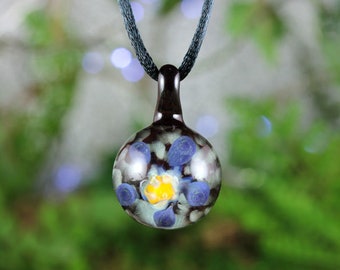 Flower Implosion Lampwork Pendant Necklace // Brosilicate/Boro Glass //Forget Me Not // Light Blue, Dark Blue, Yellow, Orange // Z160