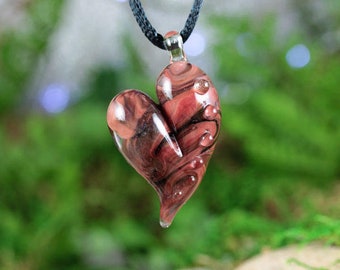 Lampwork Heart Pendant Necklace // Brosilicate/Boro Glass // Swirled, Black, Red, Peach // Z105