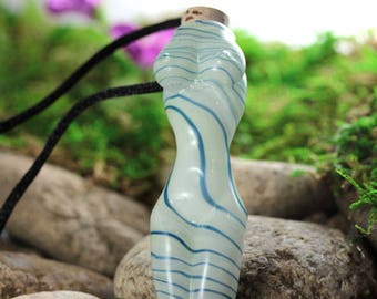 Hand Blown Goddess Vessel, Vial Lampwork Pendant Necklace (Boro/Borosilicate Glass) Female Nude, Oil, Perfume, White & Blue Stripes - Z413