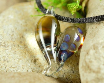 Hand Blown Lampwork Glass Heart Pendant Necklace // Boro/Borosilicate // Handmade Glass Art // Clear, Yellow, Brown, Iridescent // Z1066