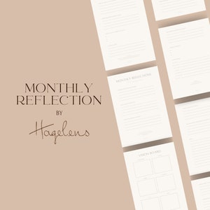 Op de afbeelding: Een printbaar maandelijks reflectiejournaal met een vision board-sectie. Het journaal is minimalistisch ontworpen en bevat de tekst "MONTHLY REFLECTION BY Hagelens".