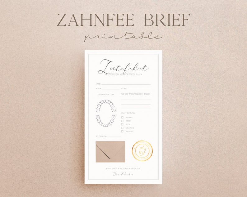 May include: Printable certificate for lost teeth, featuring a tooth chart, a space for the child's name, age, and date the tooth was lost, and a section for the tooth fairy to sign. The certificate has a gold seal with a tooth icon.
