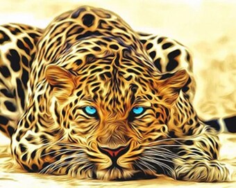 Psychedelic Big Cat Counted Cross Stitch Pattern, 14 ct Aida, Direct Download