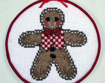 Completed Gingerbread Man Cross Stitch Hang-up, Aida cloth, DMC floss