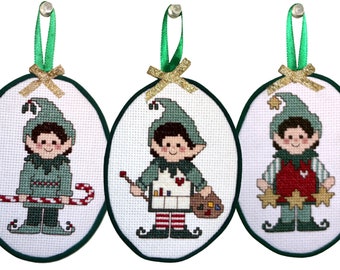 Three Christmas Elves Tree Hangers - Completed Cross Stitch Christmas Tree Ornaments