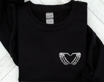 Skeleton Halloween Embroidered Sweatshirt, Skeleton Hands Heart Sweatshirt, Fall Crewneck Sweater, Goblincore, Goth Aesthetic, Spooky Season