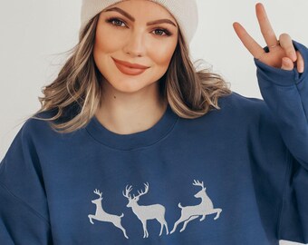 Embroidered Reindeer Sweatshirt for Men Women, Vintage Winter Crewneck, Traditional Holiday Sweater, Hiking Pullover, Nature Lover Gift