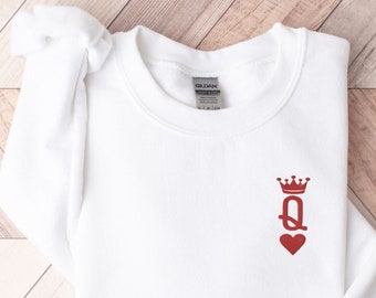 Embroidered Queen of Hearts Sweatshirt, Valentine's Day Crewneck, Red Queen Playing Cards Sweater, Valentine Queen Pullover, Heart Shirt