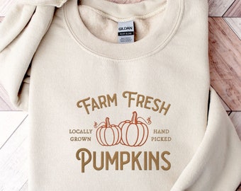 Embroidered Farm Fresh Pumpkins Crewneck Sweatshirt, Fall Sweatshirt, Pumpkin Pullover Sweater, Neutral Fall Clothing Women, Autumn Harvest
