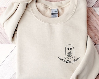 Iced Coffee Ghost Embroidered Sweatshirt, Fall Crewneck Sweater, Cute Ghost Pullover, Coffee Lover, Fall Coffee, Halloween Coffee Jumper
