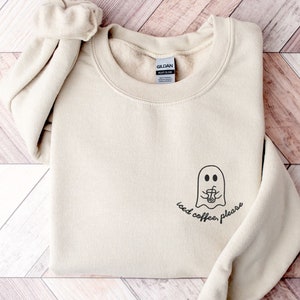 Iced Coffee Ghost Embroidered Sweatshirt, Fall Crewneck Sweater, Cute Ghost Pullover, Coffee Lover, Fall Coffee, Halloween Coffee Jumper image 1