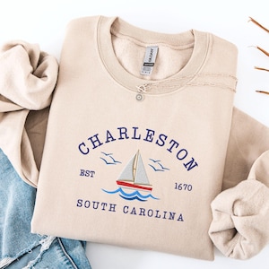 Charleston Sweatshirt Embroidered, South Carolina Girls Trip Crewneck, Bridesmaid Gift, Luxury Bachelorette Sweater, Vacation Pullover