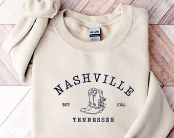 Embroidered Nashville Sweatshirt, Tennessee Sweater, Cowgirl Boots Embroidered Crewneck, Nashville Souvenir, Nashville Bachelorette Gift