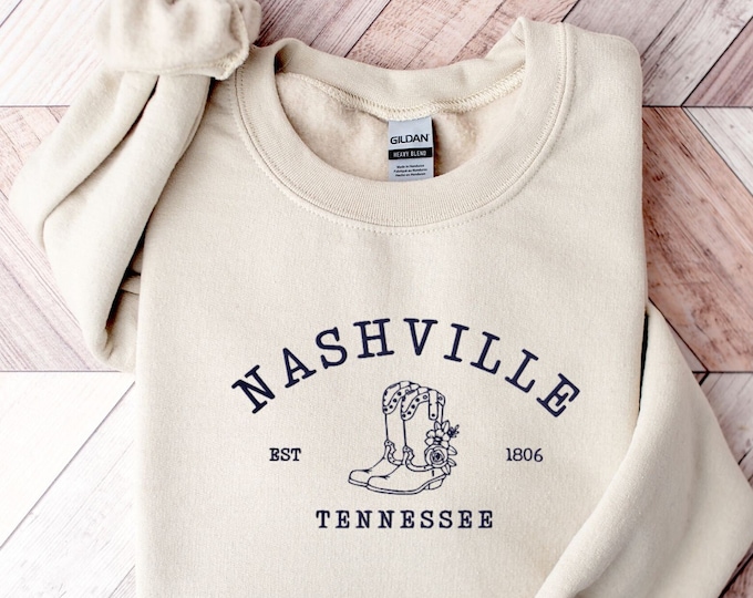 Embroidered Nashville Sweatshirt, Tennessee Sweater, Cowgirl Boots Embroidered Crewneck, Nashville Souvenir, Nashville Bachelorette Gift
