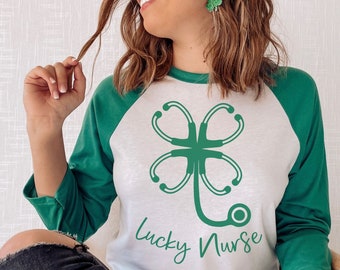 Nurse St Patricks Day Shirt, Lucky Nurse Tshirt, Shamrock Stethoscope, Clover Healthcare Worker St Pattys, 3/4 Sleeve Green Raglan Shirt