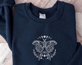 Embroidered Luna Moth Sweatshirt, Gift for Moth Lover, Insect Crewneck, Whimsigoth Apparel, Celestial Moon Pullover, Dark Academia Sweater
