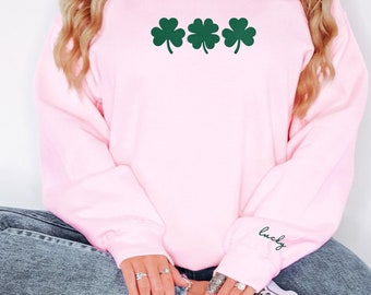 Embroidered St Patricks Day Sweatshirt, Lucky St Patricks Sweater, Green Clover St Pattys Day Pullover, Shamrock Crewneck, Sleeve Print