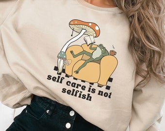 Sudadera retro de rana, regalo para amantes de las ranas, suéter de cuello redondo para el cuidado personal, regalo posparto para mamá primeriza, sudadera divertida con rana, camiseta con rana