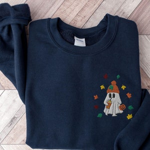 Embroidered Ghost Iced Coffee Sweatshirt, Little Ghost Ice Coffee Shirt, Halloween Crewneck, Fall Leaves Embroidered Sweatshirt