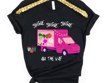 May include: Black t-shirt with a pink van illustration and the text "Jingle Jingle Jingle All The Way".