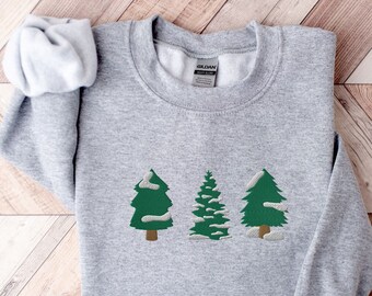 Embroidered Pine Trees Sweatshirt, Snowy Pines Winter Pullover, Camping Sweatshirt, Hiking Sweater, Evergreen Trees, Nature Lover Gift