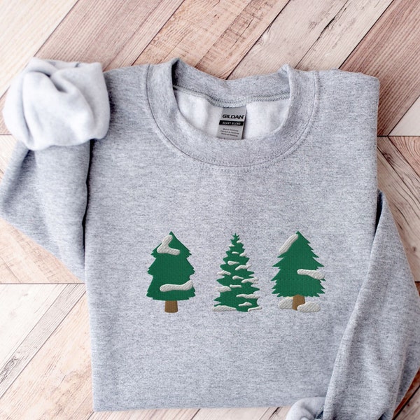 Embroidered Pine Trees Sweatshirt, Snowy Pines Winter Pullover, Camping Sweatshirt, Hiking Sweater, Evergreen Trees, Nature Lover Gift