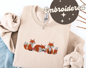 Embroidered Fox Sweatshirt, Fox Lover Gift, Cute Autumn Fox Sweater, Forestcore Crewneck, Cottagecore Pullover, Boho Floral Fox
