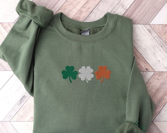 Embroidered St Patricks Day Sweatshirt, Irish St Patricks Sweater, Lucky Green Clover St Pattys Pullover, Shamrock Crewneck, Sleeve Print