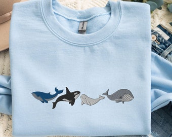 Embroidered Whale Sweatshirt Gift for Whale Lover, Orca Crewneck, Beluga Sweater, Humpback Whale, Blue Whale, Oceancore, Sea Life Summer y2k