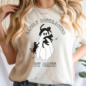 Ghost With Black Cats Halloween Shirt, Easily Distracted by Cats, Spooky Season Tshirt, Cat Lover Shirt, Ghost Cat Tee, Cat Ghost Shirts