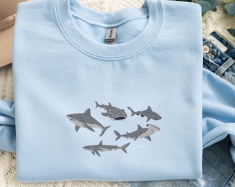 Embroidered Shark Sweatshirt Gift for Shark Lover, Hammerhead Shark, Whale Shark, Great White, Reef Shark, Tiger Shark, Oceancore, y2k