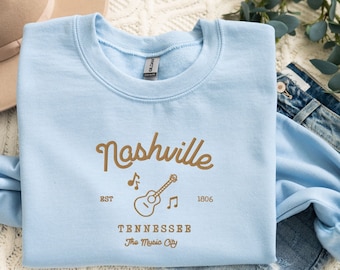Embroidered Nashville Sweatshirt, Tennessee Sweater, Music City Embroidered Crewneck, Nashville Souvenir Gift, Nashville Vacation Pullover