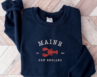 Embroidered Maine Sweatshirt, Maine Crewneck, Maine Lobster Sweater, Maine Vacation Souvenir, Maine Gift, Maine New England Trip Pullover