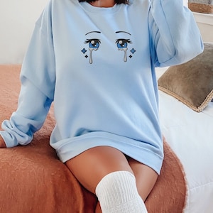 Anime Embroidered Sweatshirt, Anime Gift, Anime Eyes Sweatshirt Embroidered, Manga, Crying Anime Eyes, Gift for Daughter, Girlfriend Gift