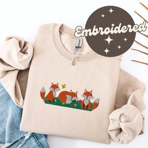 Embroidered Fox Sweatshirt, Fox Lover Gift, Cute Spring Fox Sweater, Forestcore Crewneck, Cottagecore Pullover, Boho Floral Fox
