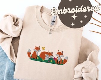 Embroidered Fox Sweatshirt, Fox Lover Gift, Cute Spring Fox Sweater, Forestcore Crewneck, Cottagecore Pullover, Boho Floral Fox