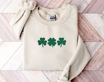 Embroidered St Patricks Day Sweatshirt, Lucky St Patricks Sweater, Green Clover St Pattys Day Pullover, Shamrock Crewneck, Sleeve Print