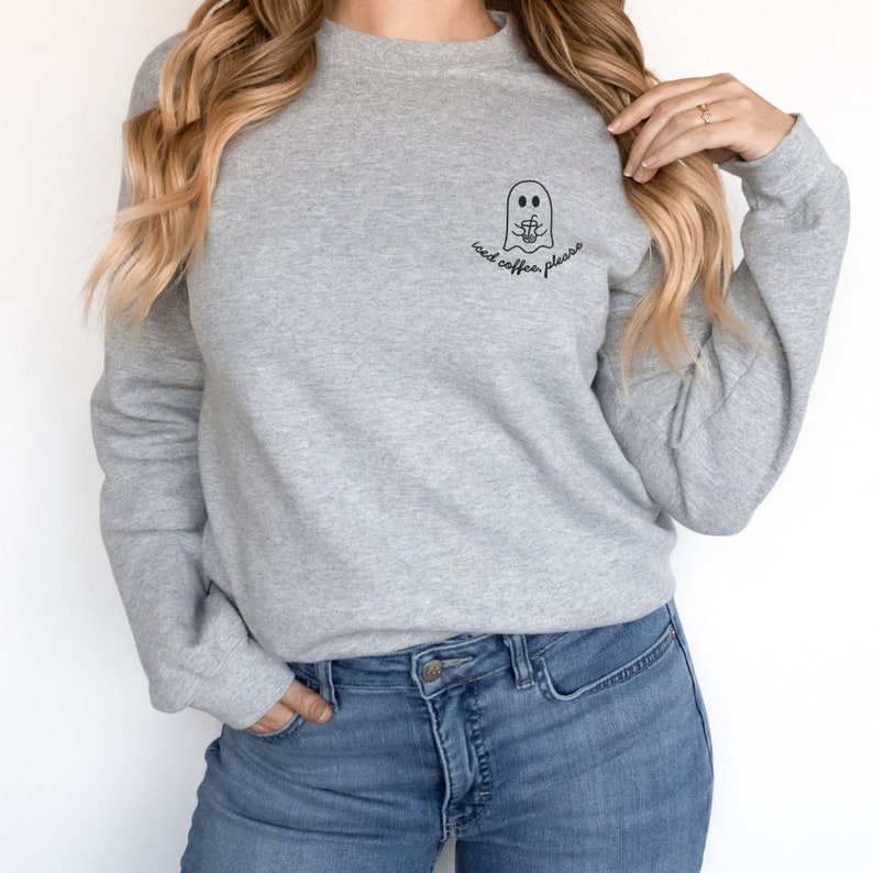 Iced Coffee Ghost Embroidered Sweatshirt, Fall Crewneck Sweater, Cute Ghost Pullover, Coffee Lover, Fall Coffee, Halloween Coffee Jumper image 3
