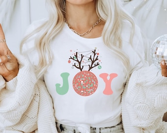 Cute Christmas Shirt, Joy Tshirt, Retro Holiday Shirt, Disco Christmas, Reindeer Christmas Lights Graphic Tee, Holiday Party, Womens Festive