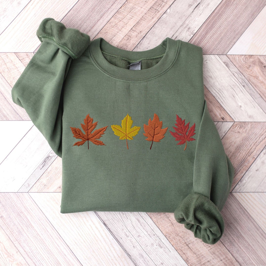 Autumn Leaves Embroidered Sweatshirt, Fall Crewneck Sweater